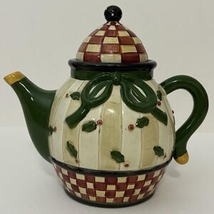 Debbie Mumm Sakura Mini Teapot‎ Christmas Holly Checkerboard Hand Painted